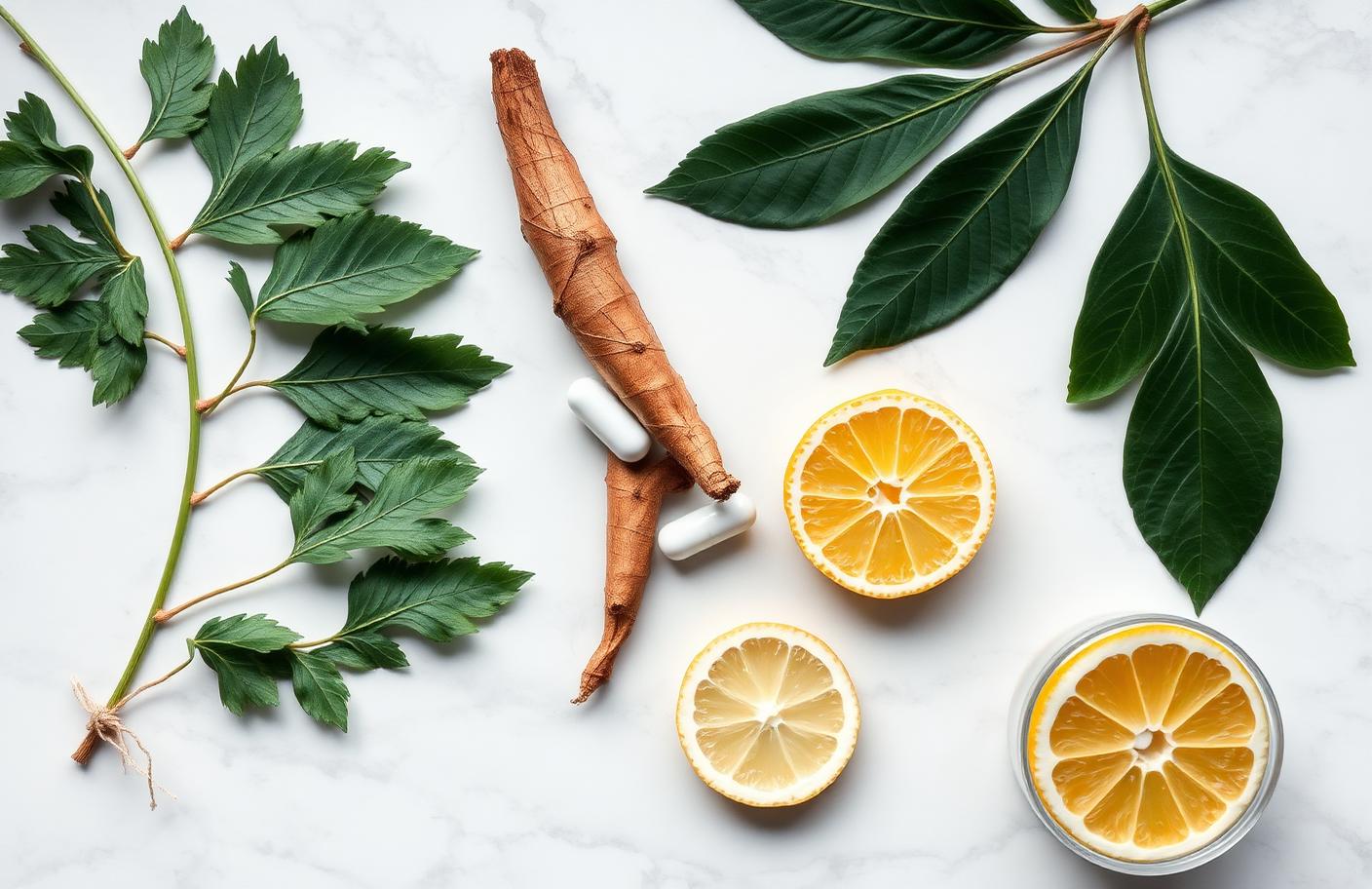 Ingrediente naturale: plante, rădăcină de ginseng, citrice și capsule